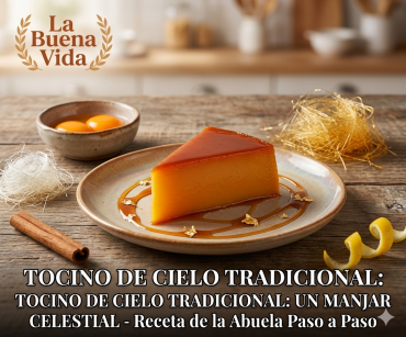 Plato de tocino de cielo tradicional con spun sugar y yemas de huevo receta de La Buena Vida.