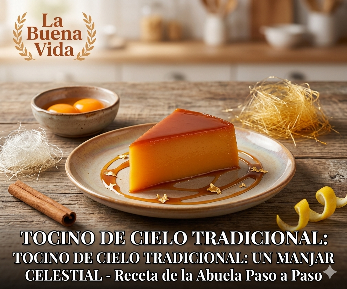 Plato de tocino de cielo tradicional con spun sugar y yemas de huevo receta de La Buena Vida.