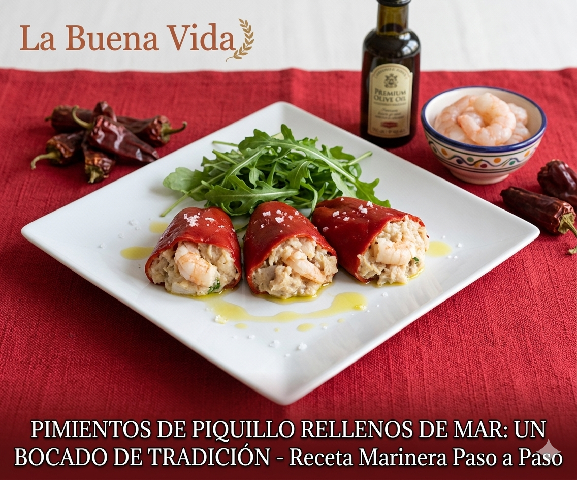 Plato de pimientos de piquillo rellenos tradicionales con gambas y atún receta de La Buena Vida