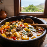Guiso tradicional de carne con papas canaria en caldero rústico con zanahorias y tomillo