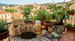 Mesa de huerto urbano con abonos naturales: humus de lombriz, té de plátano casero, posos de café y cáscaras de huevo.