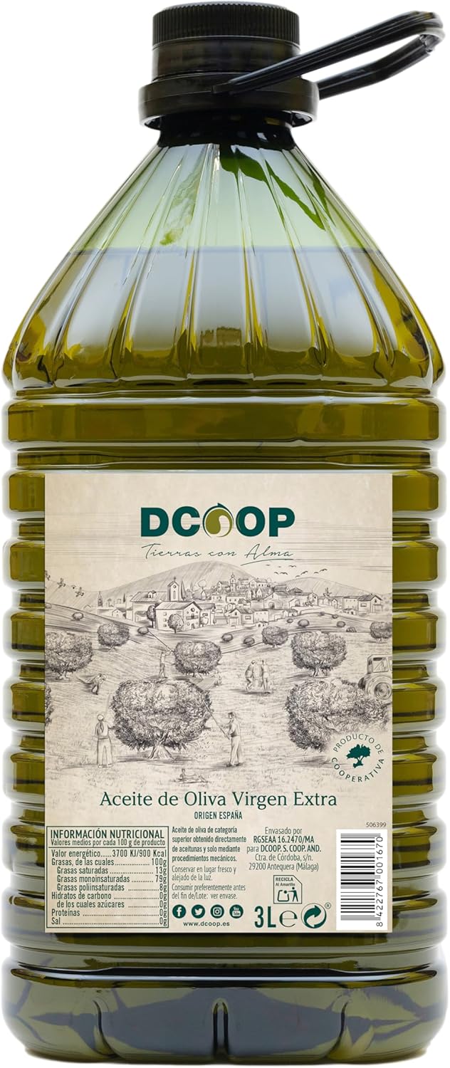 DCOOP Aceite de Oliva Virgen Extra - Ideal Para Cocinar, Botella PET Conserva las Propiedades del Producto, Cooperativas, 3 Litros