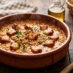 Plato de arroz caldoso con pulpo tierno y especias en mesa rústica mediterránea.