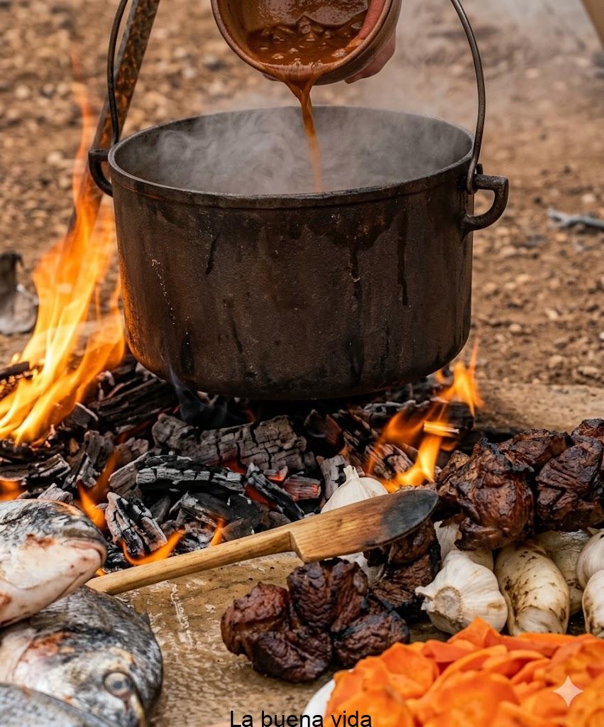 Cazuela de hierro con arroz al caldero y rodajas de pescado cocido, acompañado de salsa alioli.