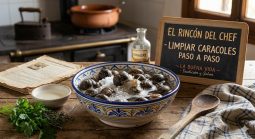 Proceso tradicional de limpieza de caracoles con sal y vinagre en cuenco de barro.
