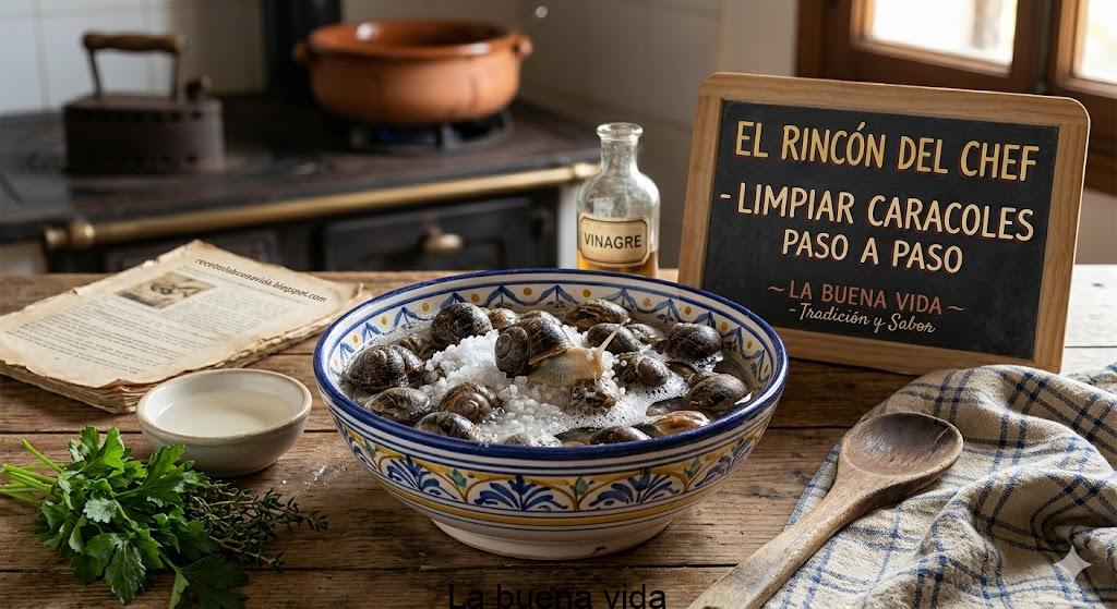 Proceso tradicional de limpieza de caracoles con sal y vinagre en cuenco de barro.