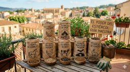 Sacos de diferentes tipos de estiércol para huerto: gallinaza, caballo, vaca, conejo y guano de murciélago sobre una mesa de madera.