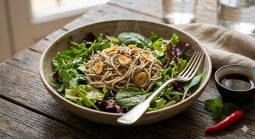 Ensalada de hojas de lechuga fresca coronada con gulas salteadas al ajillo con aceite de oliva.
