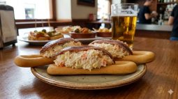 Bol rústico lleno de ensaladilla rusa cremosa coronada con tiras de pimiento rojo y huevo picado sobre una mesa de madera.