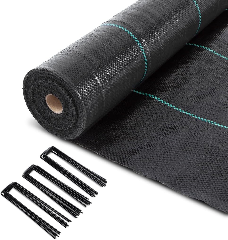VOUNOT® Malla Antihierbas con 100 Clavijas de Jardín, Tela Geotextil para Control de Maleza, 2 m x 50 m, 100 g/m², Resistente a la Rotura y Estabilizada contra UV