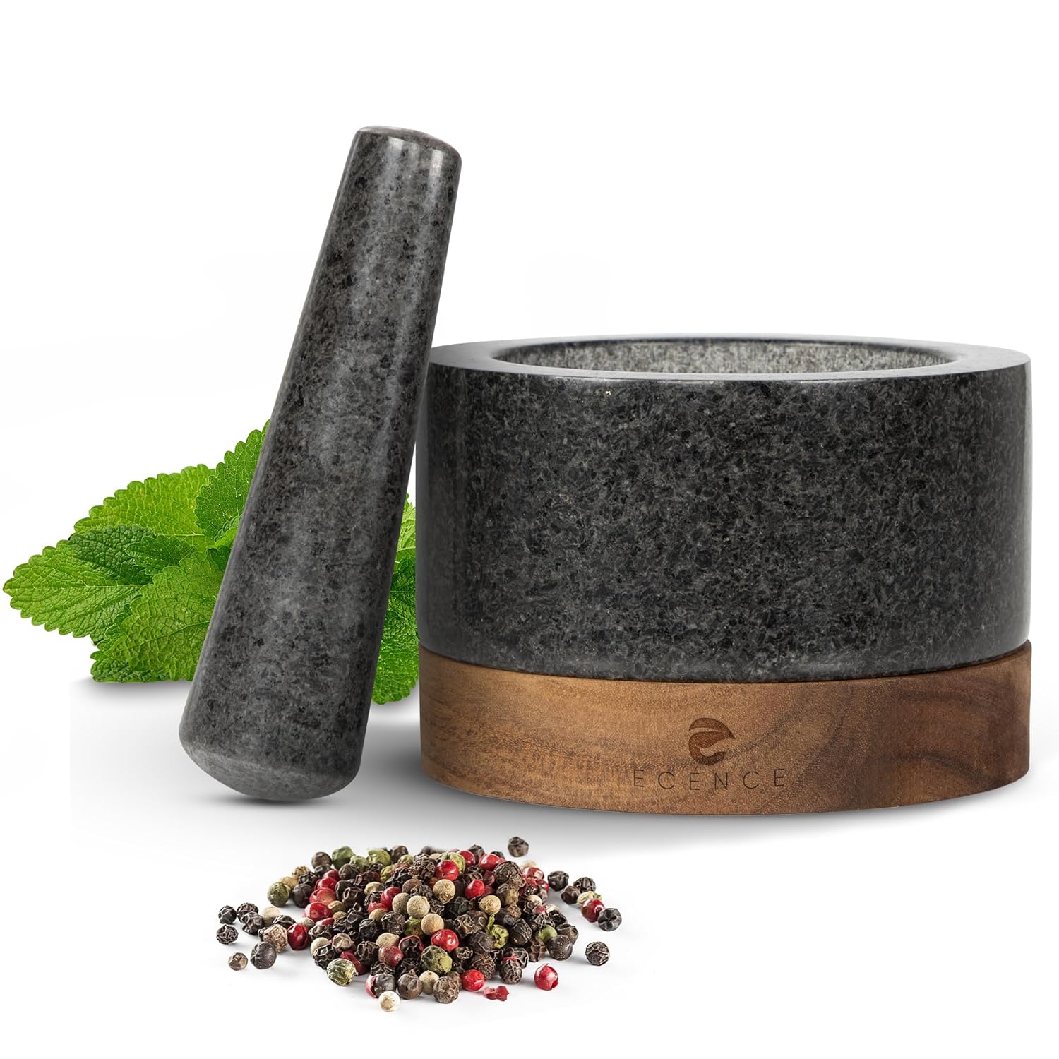 ECENCE Mortero Cocina en Madera de Acacia y Granito - Mortero y Maja Sólido para Especias para un Machacado Perfecto - Mortero Piedra Grande Ø11cm