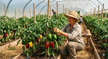 Mujer cosechando pimientos rojos, verdes y amarillos entutorados en un huerto.