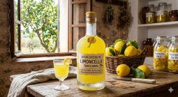 Botella de limoncello casero tradicional escarchada junto a limones frescos recién recolectados.