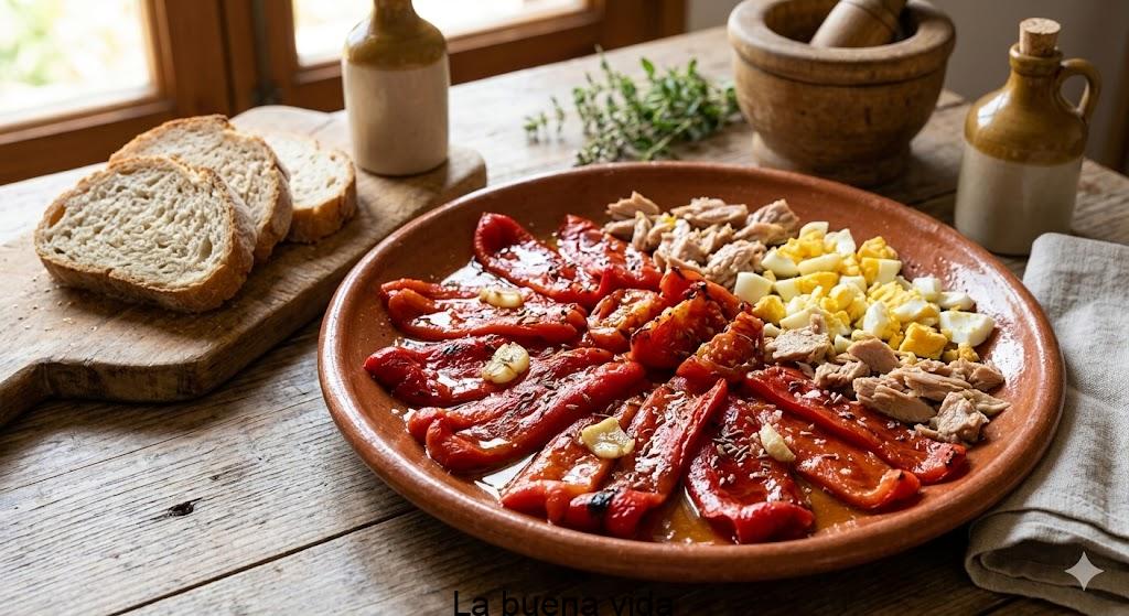 Fuente de ensalada de pimientos rojos asados en tiras, aliñados con aceite de oliva, ajo y comino.