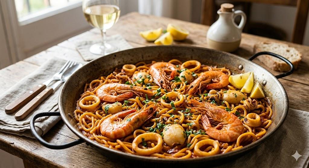 Paellera tradicional con una fideuá de fideos gruesos, decorada con langostinos y trozos de calamar.