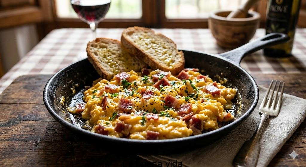 Plato de huevos revueltos muy jugosos mezclados con taquitos de jamón serrano, acompañados de pan tostado.