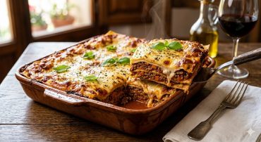 Corte de una porción de lasaña de carne tradicional mostrando las capas de pasta, el ragú y el queso gratinado. Reaccionar