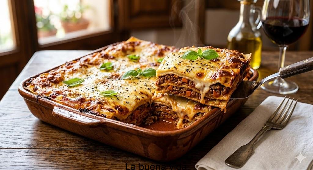 Corte de una porción de lasaña de carne tradicional mostrando las capas de pasta, el ragú y el queso gratinado. Reaccionar
