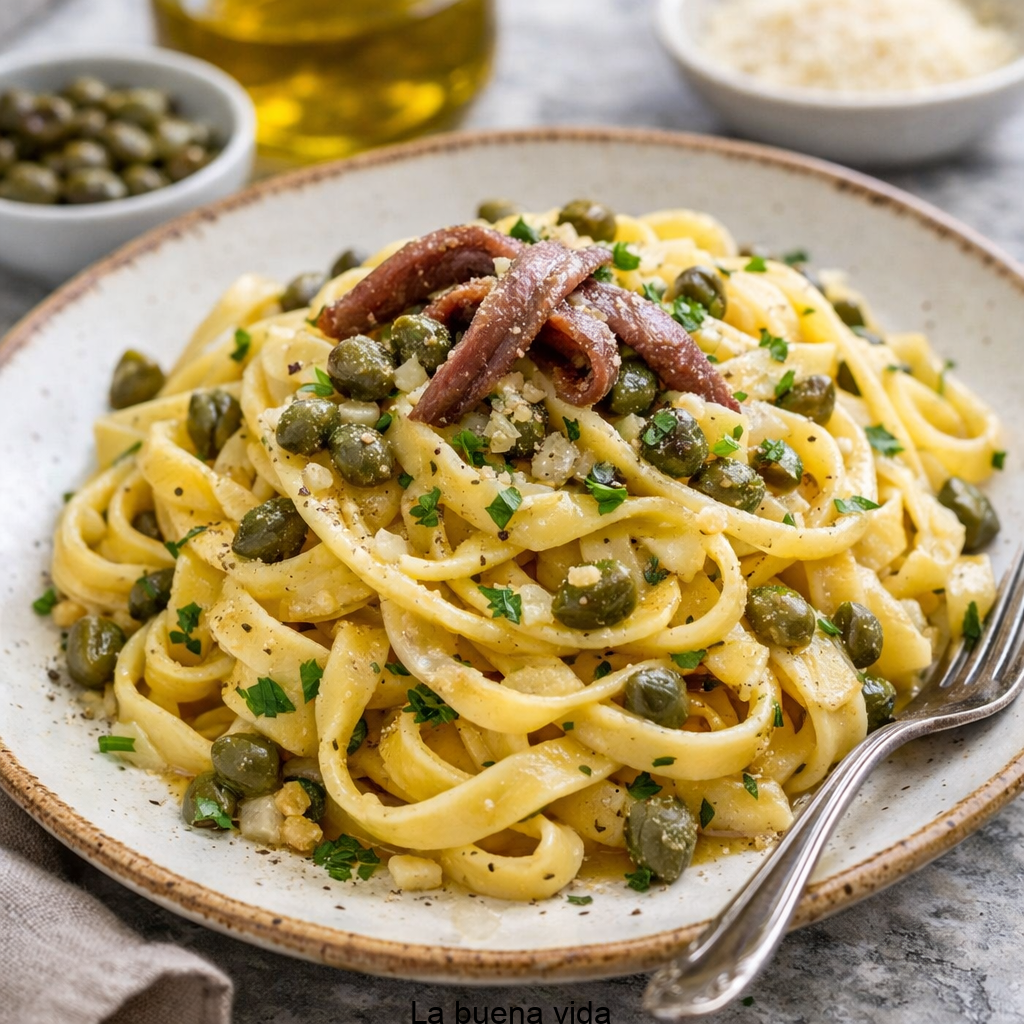 Plato de tallarines mezclados con una salsa de aceite, alcaparras enteras, anchoas deshechas y perejil picado.