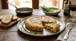Tortilla redonda y dorada de ajos tiernos servida en un plato blanco rústico.