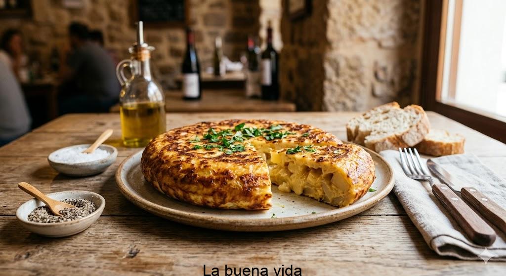 Tortilla de patatas clásica española recién hecha, dorada y sin cebolla, cortada en porciones sobre un plato.